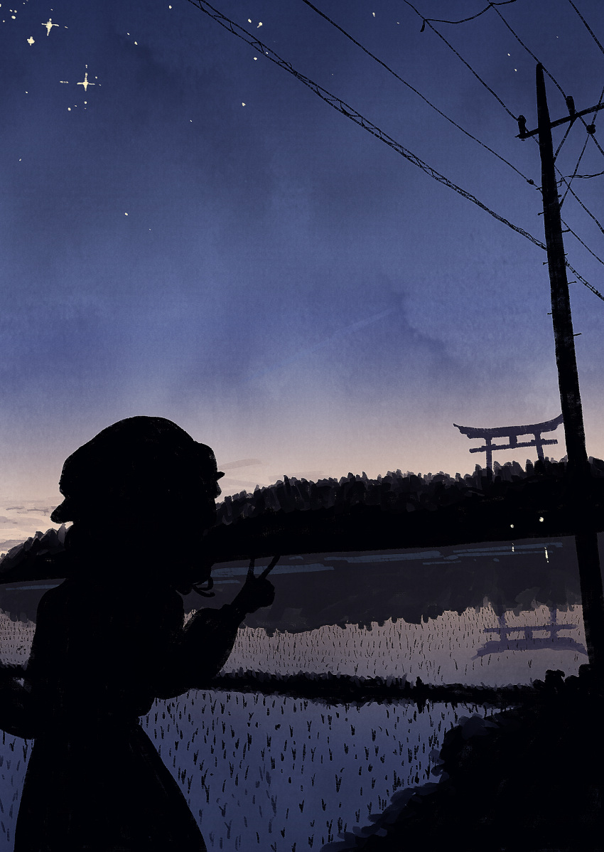1girl blue_sky dawn dutch_angle facing_viewer feet_out_of_frame gradient_sky hand_up hat highres long_sleeves maribel_hearn mob_cap nama_udon outdoors power_lines reflection reflective_water rice_paddy rural scenery silhouette sky solo standing star_(sky) starry_sky torii touhou utility_pole v yellow_sky