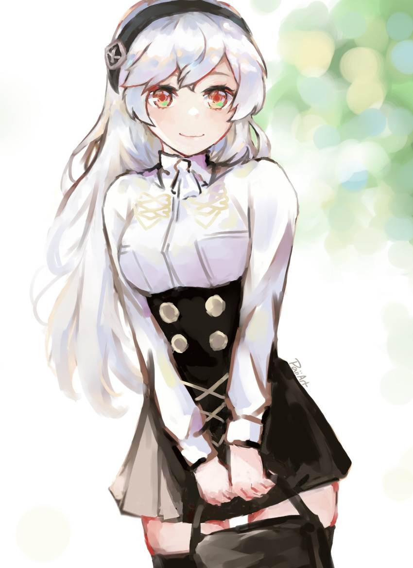 1girl artist_name bag black_hairband breasts brown_eyes corrin_(fire_emblem) corrin_(fire_emblem)_(female) english_commentary fire_emblem fire_emblem:_three_houses fire_emblem_fates garreg_mach_monastery_uniform hairband highres holding holding_bag long_hair looking_at_viewer medium_breasts paiiart school_uniform signature smile solo white_hair