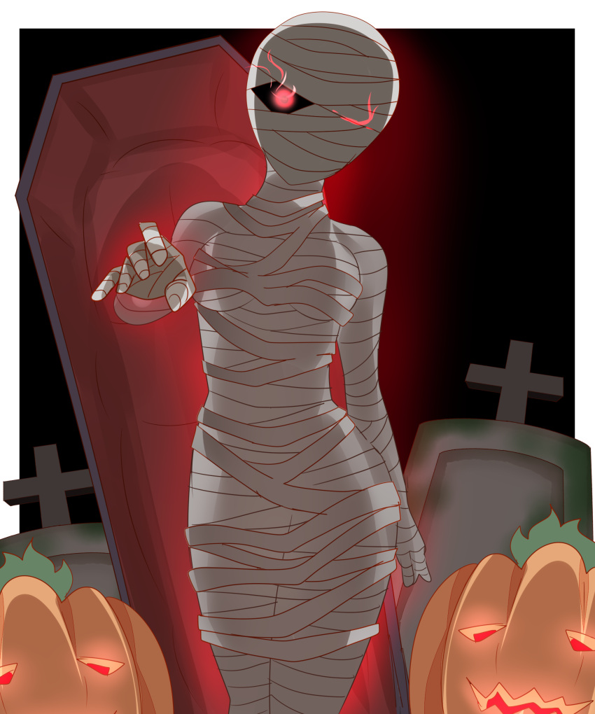 1girl absurdres bandages breasts coffin commentary_request glowing glowing_eye hand_up head_tilt highres jack-o'-lantern looking_at_viewer medium_breasts mummy night non_(wednesday-classic) original outdoors red_eyes solo tombstone