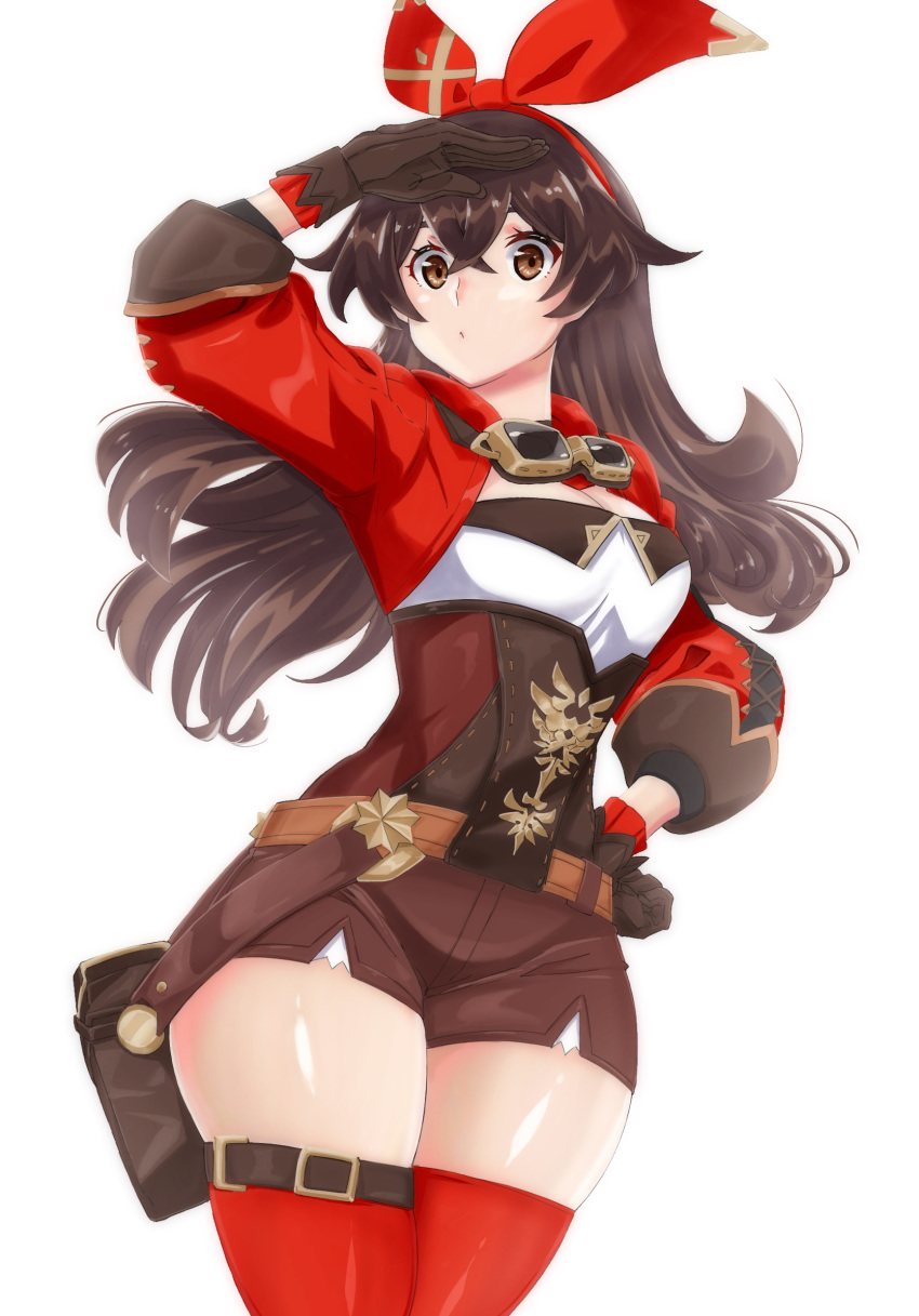 1girl amber_(genshin_impact) bangs breasts brown_eyes brown_gloves brown_hair brown_shorts crossed_bangs genshin_impact gloves goggles goggles_around_neck highres jacket long_hair long_sleeves looking_at_viewer pouch red_jacket red_legwear red_ribbon ribbon short_shorts shorts shrug_(clothing) simple_background task_baron thighs white_background