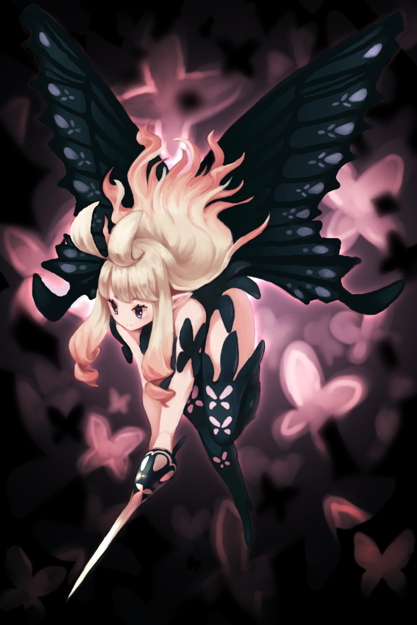 1girl absurdres anne_(bravely_second) antenna_hair bare_shoulders black_legwear black_wings bravely_default_(series) bravely_second:_end_layer bug butterfly butterfly_wings closed_mouth floating_hair flying highres holding holding_sword holding_weapon insect long_hair okame_nin pointy_ears rapier smile solo spread_wings sword thigh-highs violet_eyes weapon white_hair wings