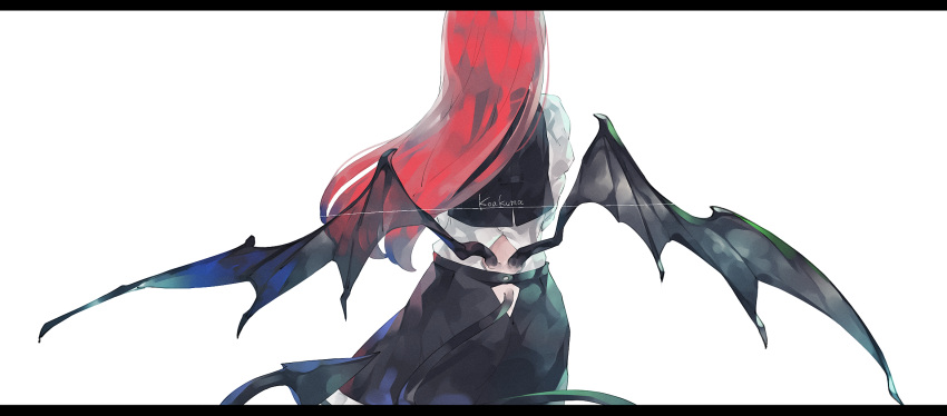1girl back_cutout black_skirt black_vest character_name clothing_cutout cowboy_shot demon_tail demon_wings from_behind highres koakuma letterboxed long_hair long_sleeves low_wings o_(crazyoton46) redhead shirt simple_background skirt solo tail touhou vest white_shirt wings