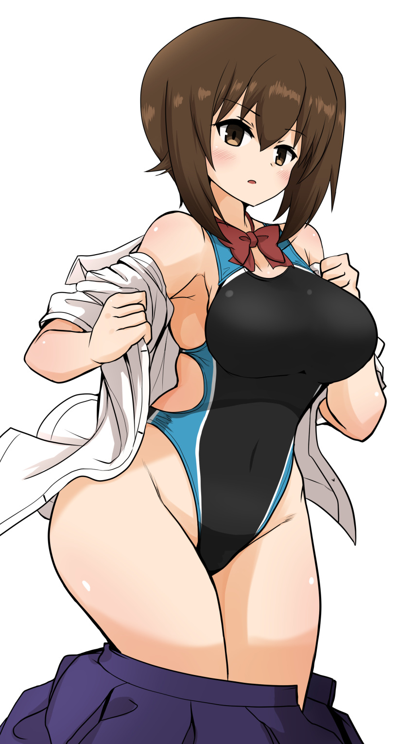 1girl absurdres big_breasts black_swimsuit blue_skirt bow bowtie breasts closed_mouth competition_swimsuit cowboy_shot dress_shirt eyebrows_visible_through_hair girls_und_panzer highleg highleg_swimsuit highres huge_breasts kumo_(atm) looking_at_viewer nishizumi_maho one-piece_swimsuit open_clothes open_shirt open_skirt opened_by_self pleated_skirt pulled_by_self red_neckwear shirt shirt_pull side_cutout simple_background skindentation skirt skirt_pull solo standing swimsuit undressing white_background white_shirt