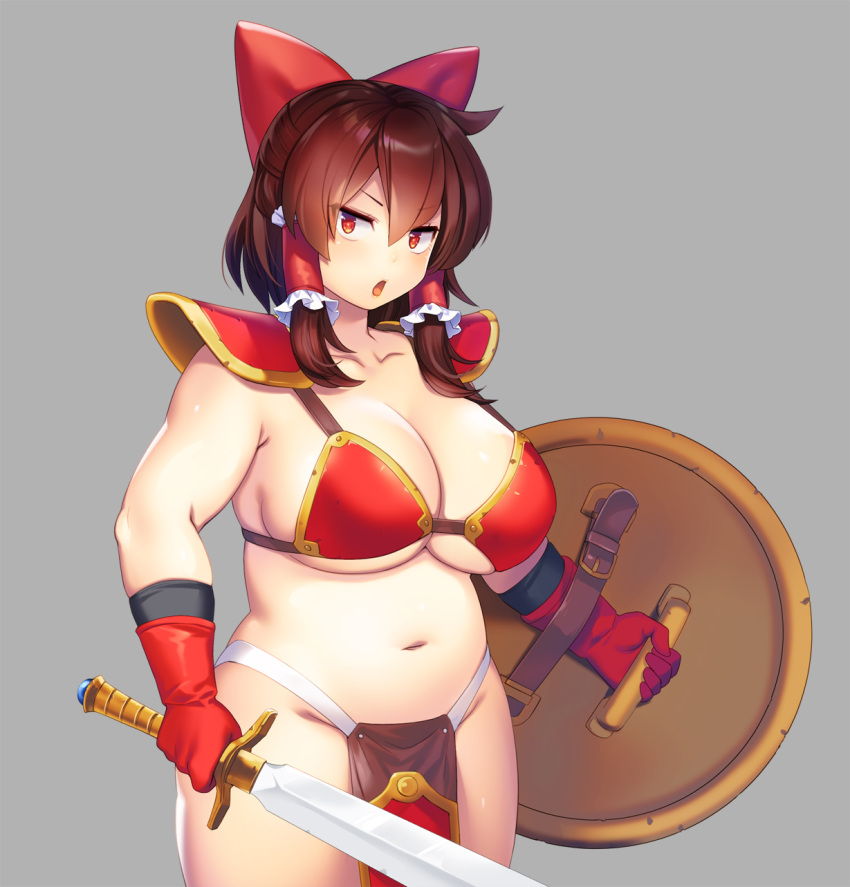 1girl armor bikini_armor bow breasts brown_hair cookie_(touhou) cosplay dragon_quest dragon_quest_iii hair_bow hair_tubes hakurei_reimu highres holding holding_sword holding_weapon large_breasts loincloth no_panties plump red_eyes reu_(cookie) shield simple_background soldier_(dq3) soldier_(dq3)_(cosplay) solo sword tarmo touhou weapon