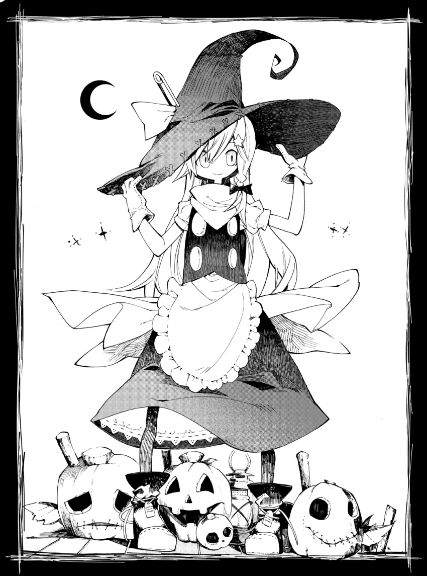 1girl aki_maki_yuu apron black_headwear black_legwear black_skirt black_vest boots bow braid commentary_request crescent_moon full_body gloves greyscale hair_bow hair_ornament hairclip hands_on_headwear hat highres jack-o'-lantern kirisame_marisa lantern long_hair looking_at_viewer monochrome moon pantyhose safety_pin shirt short_sleeves single_braid skirt solo sparkle standing star_(symbol) star_hair_ornament touhou vest waist_apron white_shirt witch_hat