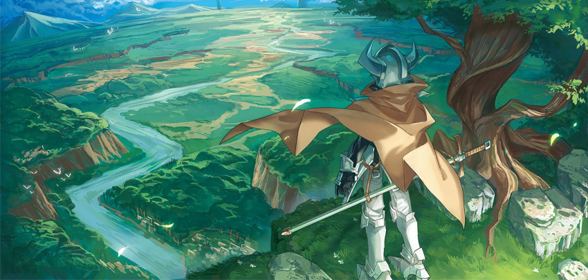 1other black_gloves boots brown_cape cape facing_away from_behind gloves helmet high_heel_boots high_heels horned_helmet knight_(shichigatsu) landscape metal_boots original pants river rock scenery shichigatsu solo standing sword tree weapon white_pants