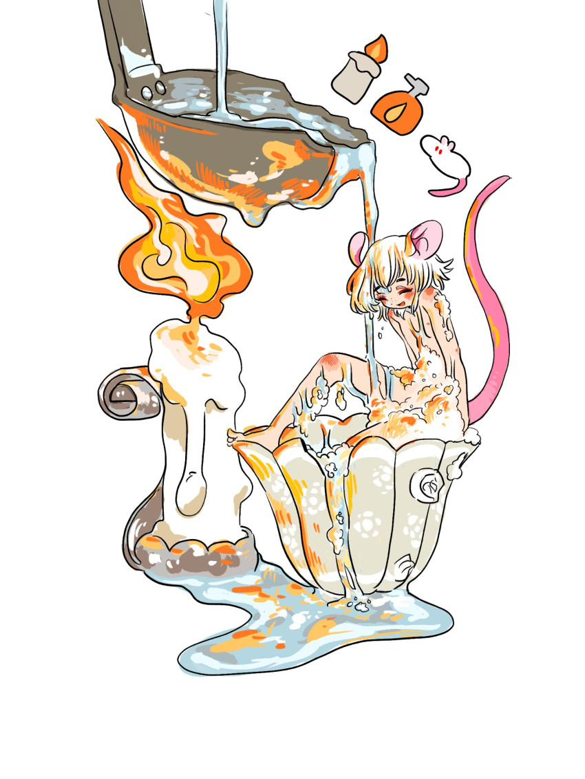 1boy :d androgynous animal_ears barefoot bathing candle closed_eyes highres ladle male_focus miniboy mouse_boy mouse_ears mouse_tail open_mouth original shima_(wansyon144) short_hair simple_background sitting smile solo tail tail_raised white_background white_hair