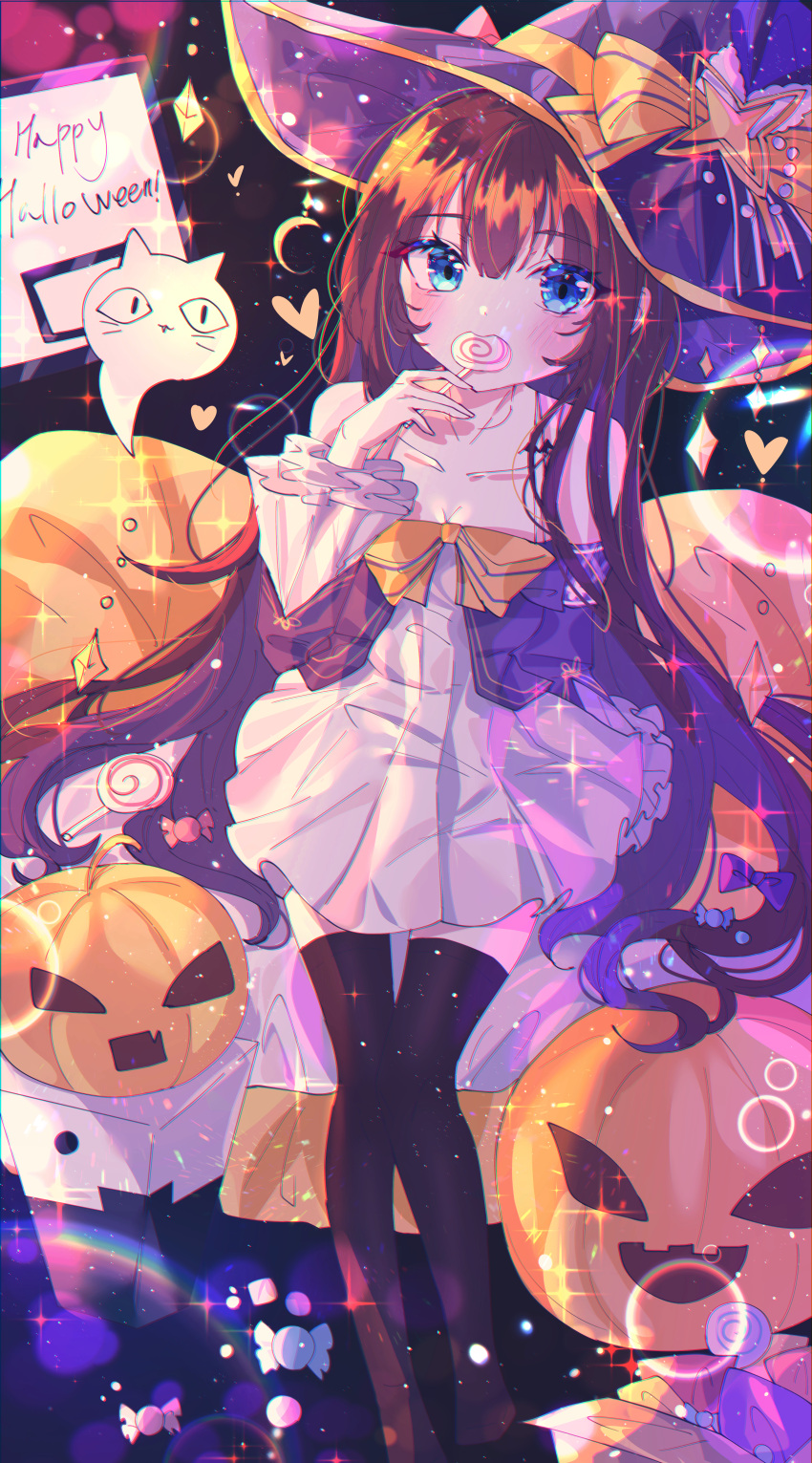 1girl absurdres azur_lane brown_hair candy collarbone food hat highres huge_filesize jack-o'-lantern lollipop long_hair long_island_(azur_lane) looking_up solo thigh-highs wine_(2148_wine) witch_costume witch_hat