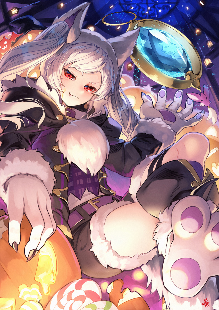 1girl alternate_costume crossed_legs crystal eyebrows_visible_through_hair fang fire_emblem fire_emblem_awakening fire_emblem_heroes fur_trim gloves grima_(fire_emblem) halloween halloween_costume highres jack-o'-lantern jacket lantern nakabayashi_zun night paw_gloves paw_shoes paws red_eyes robin_(fire_emblem) robin_(fire_emblem)_(female) shoes short_shorts shorts silver_hair sitting smile solo twintails