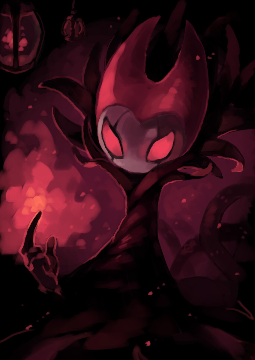 absurdres grimm_(hollow_knight) hand_up highres hollow_knight index_finger_raised lantern looking_at_viewer no_humans okame_nin red_eyes red_theme solo upper_body