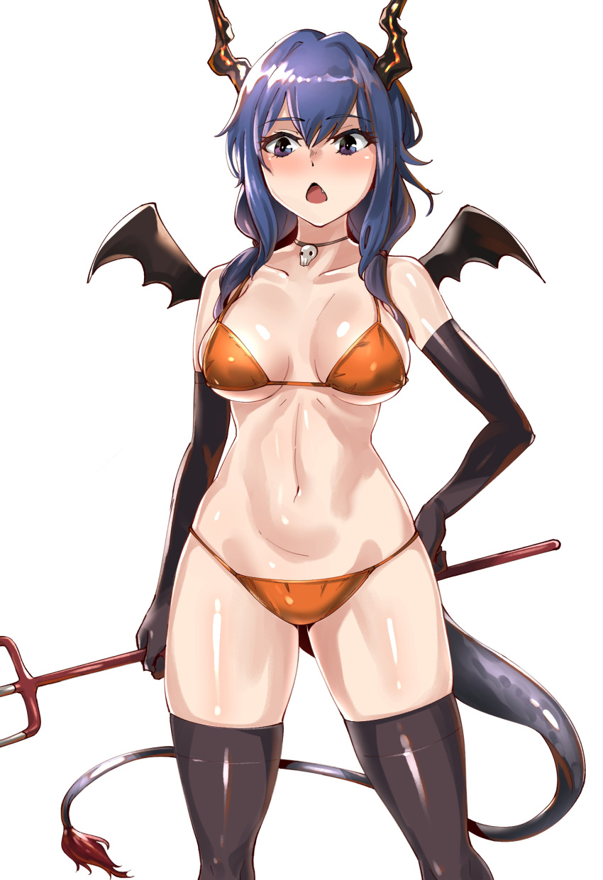 1girl arknights bangs bare_shoulders bikini black_gloves blue_eyes blue_hair blush breasts ch'en_(arknights) choker collarbone commentary_request cowboy_shot dragon_horns dragon_tail elbow_gloves eyebrows_visible_through_hair fake_wings gloves hair_between_eyes highres holding holding_weapon horns large_breasts long_hair moto_toshi navel orange_bikini polearm simple_background solo standing stomach swimsuit tail thigh-highs thighs trident weapon white_background wings