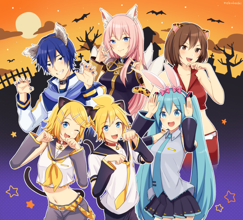 2boys 4girls :3 :d ;3 ;d animal_ears aqua_eyes aqua_hair aqua_neckwear artist_name bangs bare_shoulders bass_clef bell bell_collar belt black_collar black_sailor_collar black_shirt black_shorts black_skirt black_sleeves blonde_hair blue_eyes blue_hair blue_nails blue_scarf blush bodystocking bow breasts brother_and_sister brown_eyes brown_hair bunny_pose cat_ears cat_tail claw_pose coat collar collarbone collared_shirt commentary_request cowboy_shot crop_top cropped_legs detached_sleeves double_fox_shadow_puppet eyebrows_visible_through_hair fake_animal_ears fake_tail fang fox_ears fox_shadow_puppet fox_tail grey_shirt hair_between_eyes hair_bow hair_ornament hairclip halloween hands_up hatsune_miku kagamine_len kagamine_rin kaito large_breasts long_hair long_sleeves looking_at_viewer medium_breasts megurine_luka meiko midriff miniskirt multiple_boys multiple_girls multiple_tails navel neckerchief necktie nokuhashi one_eye_closed open_mouth paw_pose pink_hair pleated_skirt red_collar red_vest sailor_collar scarf shirt short_hair short_sleeves shorts siblings sidelocks skirt sleeveless sleeveless_shirt smile standing tail tiger_ears tiger_tail treble_clef twins twintails upper_teeth very_long_hair vest vocaloid white_belt white_coat white_shirt yellow_belt yellow_neckwear