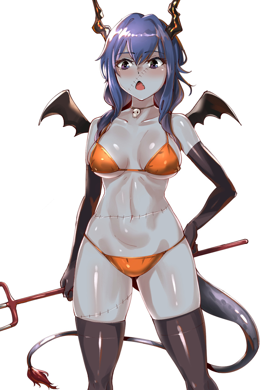 1girl arknights bangs bare_shoulders bikini black_gloves blue_eyes blue_hair blush breasts ch'en_(arknights) choker collarbone commentary_request cowboy_shot dragon_horns dragon_tail elbow_gloves eyebrows_visible_through_hair fake_wings gloves grey_skin hair_between_eyes highres holding holding_weapon horns large_breasts long_hair moto_toshi navel orange_bikini polearm simple_background solo standing stitches stomach swimsuit tail thigh-highs thighs trident weapon white_background wings