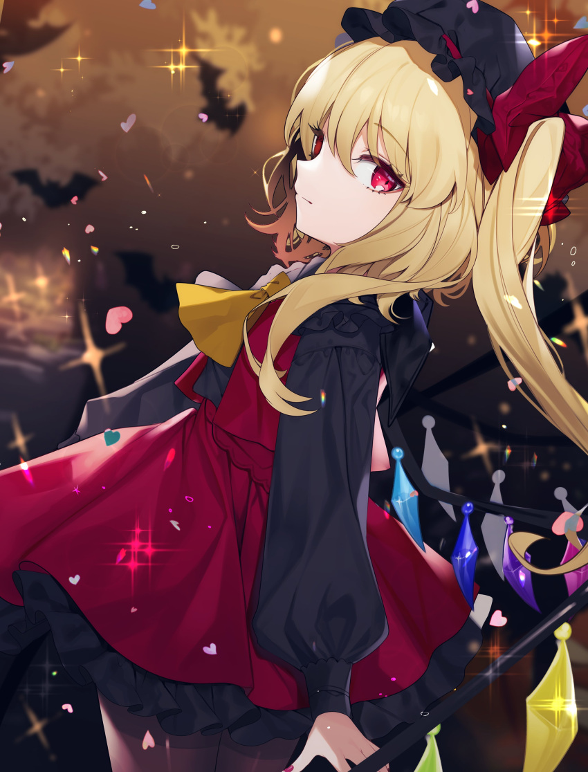 1girl absurdres alternate_color bat black_headwear black_shirt blonde_hair bow cowboy_shot daimaou_ruaeru english_commentary flandre_scarlet from_side hat hat_bow heart highres long_hair long_sleeves looking_at_viewer mob_cap red_bow red_eyes red_nails red_skirt red_vest shirt side_ponytail skirt solo sparkle touhou vest yellow_neckwear