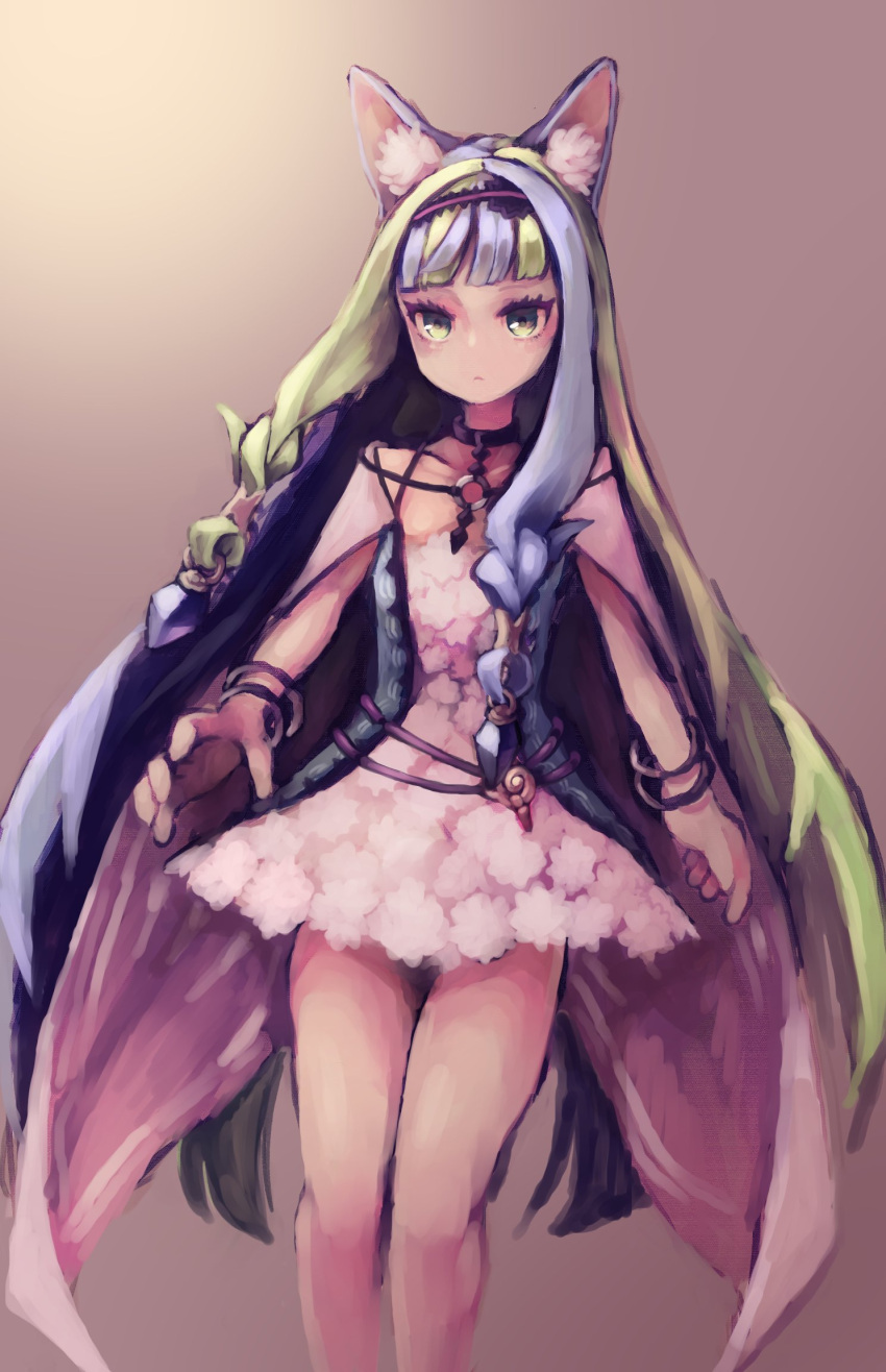 1girl 7th_dragon_(series) 7th_dragon_iii :&lt; animal_ears black_choker bracelet cape cat_ears choker closed_mouth dress fortuner_(7th_dragon) green_eyes green_hair grey_hair hairband highres jewelry long_hair looking_at_viewer multicolored_hair o-ring o-ring_top okame_nin short_dress solo standing two-tone_hair very_long_hair