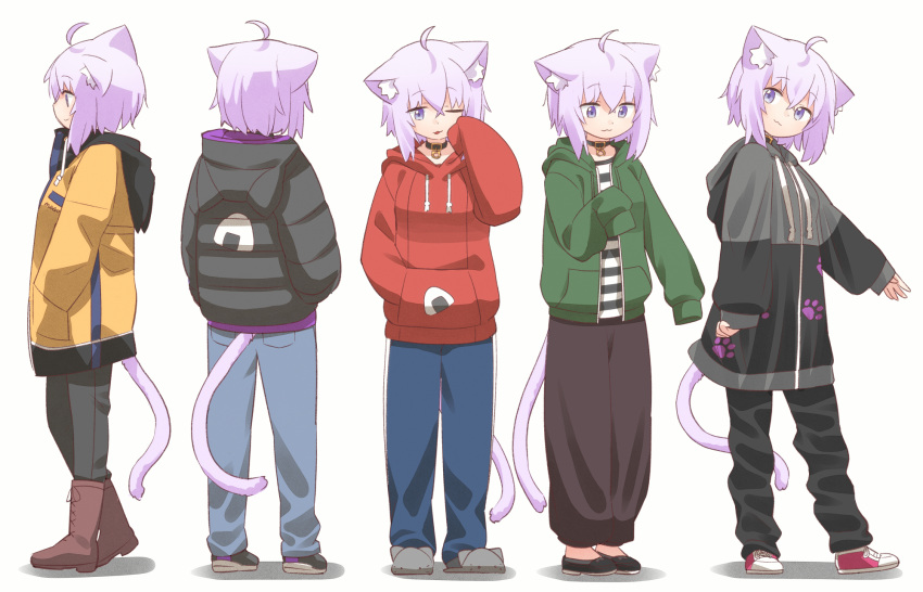 1girl :3 ahoge alternate_costume animal_ear_fluff animal_ears baggy_pants bangs black_collar cat_ears cat_girl cat_tail collar hair_between_eyes highres hololive hood hooded_jacket hoodie jacket looking_at_viewer multiple_views nekomata_okayu onigiri_print pants ponono purple_hair short_hair simple_background smile tail variations violet_eyes virtual_youtuber white_background