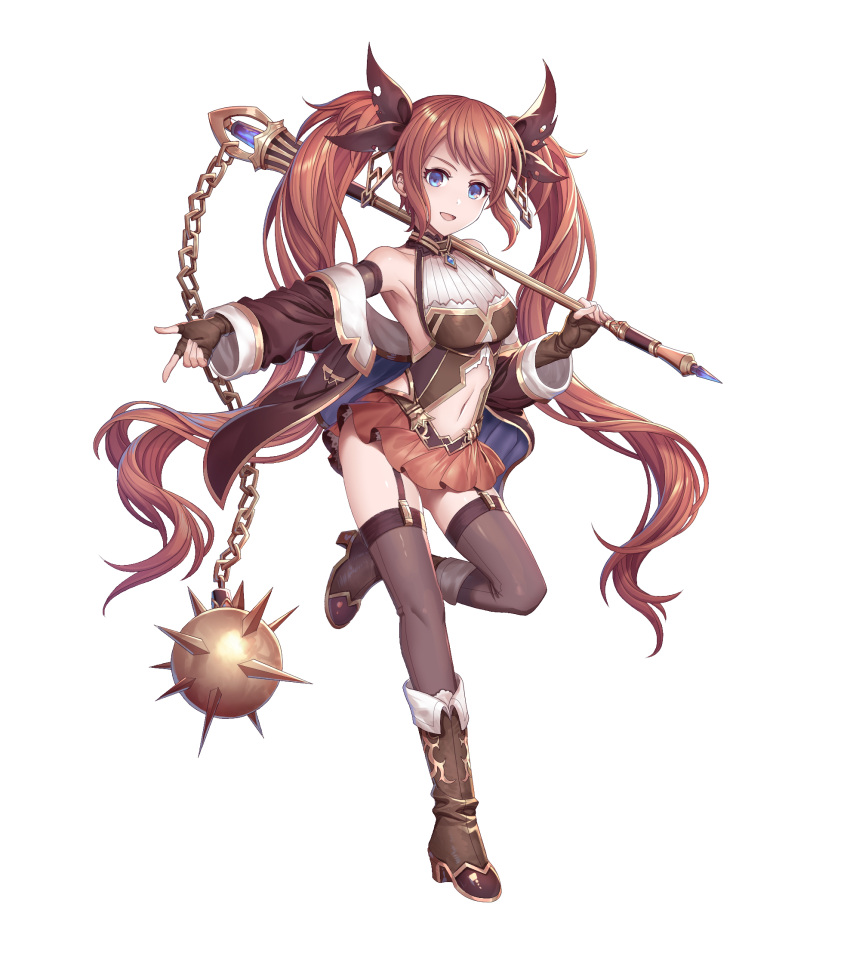 1girl :d armpits bare_shoulders blue_eyes boots bow breasts brown_bow brown_footwear brown_gloves brown_hair brown_jacket brown_legwear brown_skirt fingerless_gloves flail full_body gloves hair_bow high_heel_boots high_heels highres holding holding_weapon jacket long_hair looking_at_viewer medium_breasts microskirt morning_star navel off-shoulder_jacket open_mouth original shichigatsu simple_background skirt smile solo standing standing_on_one_leg suspenders thigh-highs twintails very_long_hair violet_eyes weapon white_background