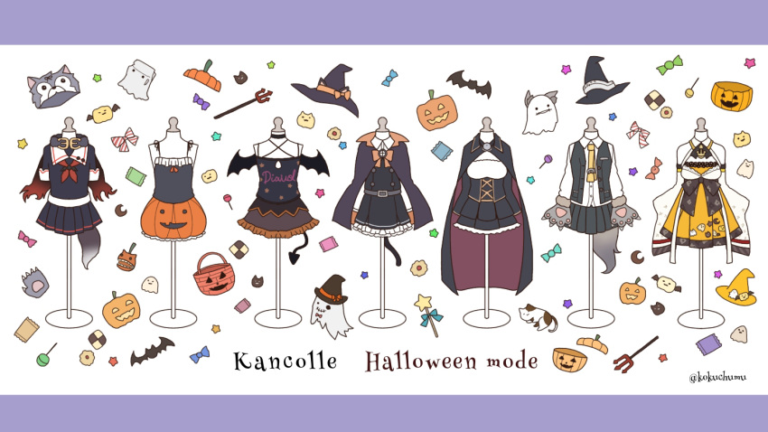 animal asashio_(kantai_collection) basket black_vest bow candy cape capelet cat cat_tail clothes_writing cookie copyright_name demon_tail dress food ghost gloves grecale_(kantai_collection) halloween halloween_costume hat jack-o'-lantern kamoku_nagi kantai_collection libeccio_(kantai_collection) lollipop mannequin mizuho_(kantai_collection) no_humans nowaki_(kantai_collection) paw_gloves paws pinafore_dress pitchfork pleated_skirt pumpkin roma_(kantai_collection) sailor_collar school_uniform serafuku shirt simple_background skirt star_(symbol) tail twitter_username two-tone_background vest wand yuudachi_(kantai_collection)