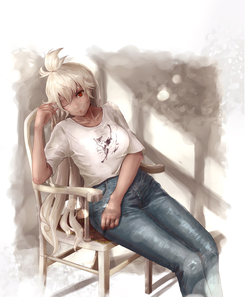 1girl absurdres ahoge alternate_costume blue_pants blush breasts casual collarbone commentary_request contemporary denim granblue_fantasy grey_hair highres jeans junkichi_gbf large_breasts long_hair looking_at_viewer on_chair one_eye_closed pants red_eyes shadow shirt sitting smile solo t-shirt very_long_hair white_background white_shirt zooey_(granblue_fantasy)