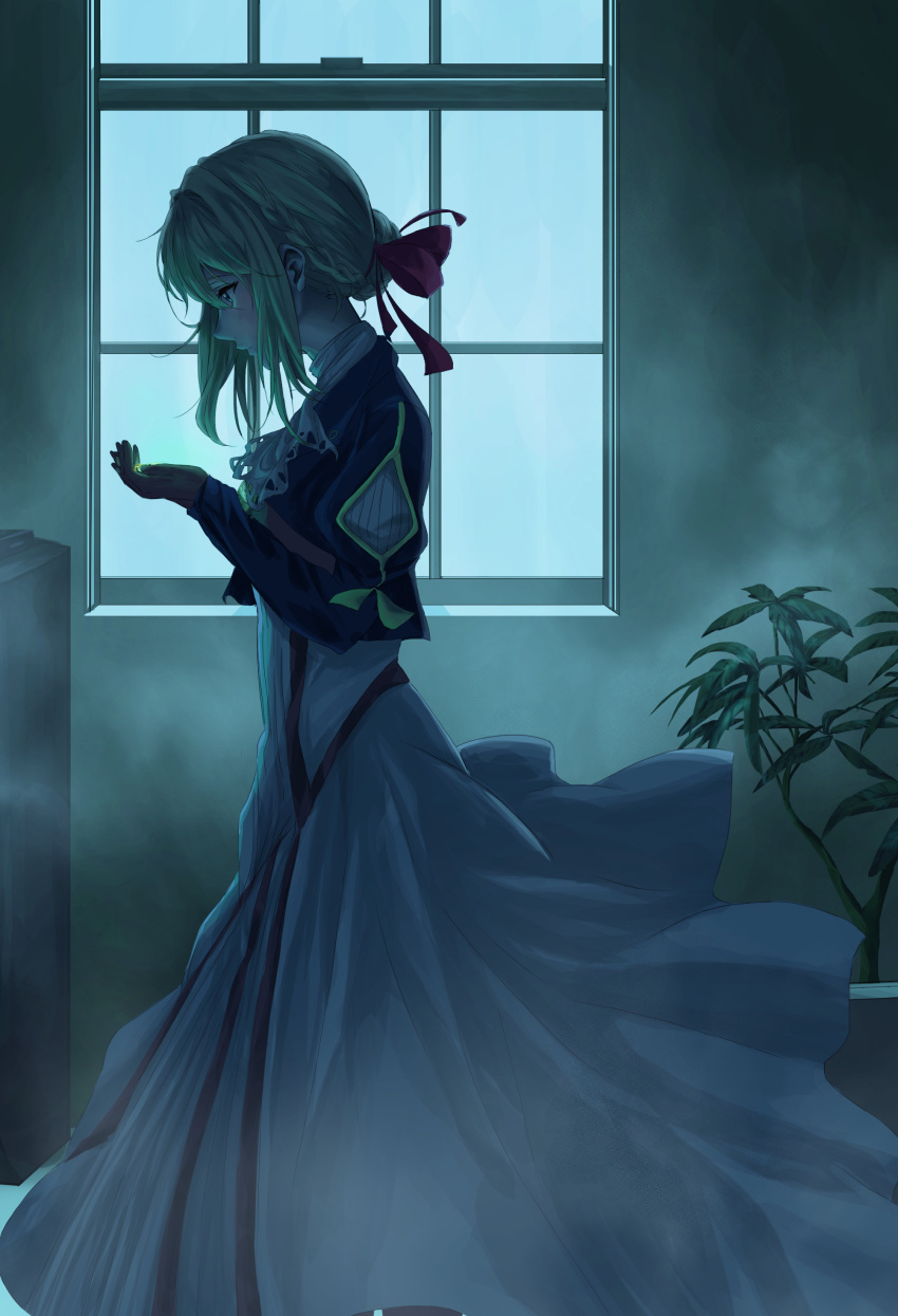 1girl absurdres backlighting blonde_hair blue_eyes bow brooch_removed brown_bow dress_shirt from_side highres holding holding_jewelry juliet_sleeves long_sleeves puffy_sleeves raku_rakugaki red_ribbon ribbon shirt short_hair solo violet_evergarden violet_evergarden_(character) window