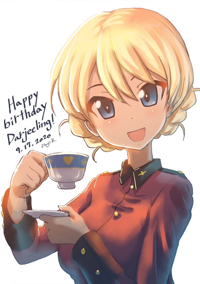 1girl :d artist_name bangs blonde_hair blue_eyes braid character_name commentary cup darjeeling_(girls_und_panzer) dated english_text epaulettes girls_und_panzer happy_birthday highres holding holding_cup holding_saucer insignia jacket kuroneko_douji long_sleeves looking_at_viewer military military_uniform open_mouth red_jacket saucer short_hair simple_background smile solo st._gloriana's_military_uniform teacup tied_hair twin_braids uniform white_background