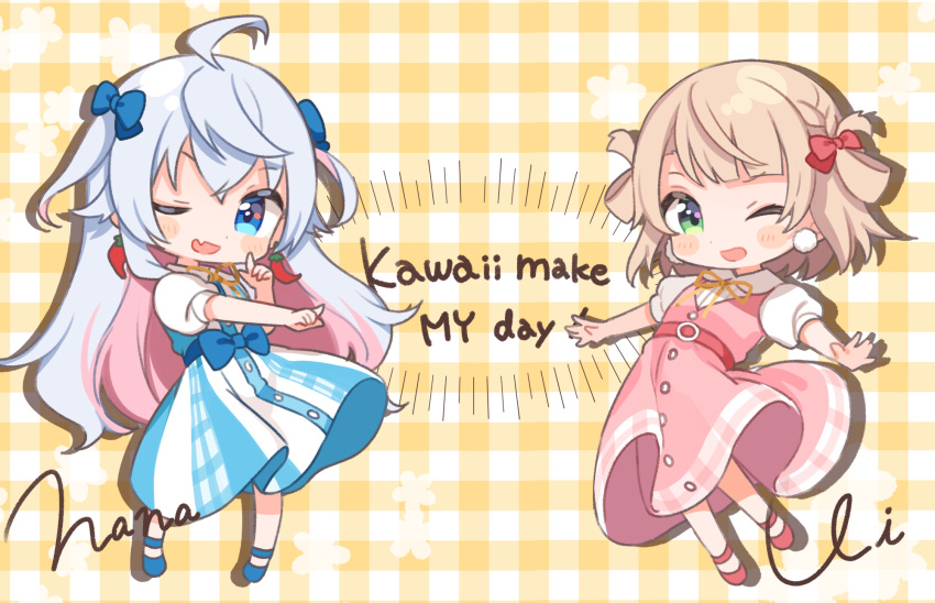 2girls :d ;d ahoge artist_self-insert bangs blonde_hair blue_bow blue_eyes blue_footwear blush_stickers bow braid buttons chibi colored_inner_hair commentary_request crossed_bangs dot_nose dress earrings english_text eyebrows_visible_through_hair fang full_body gingham gingham_background green_eyes grey_hair hair_between_eyes hair_bow heart high_belt highres indie_virtual_youtuber jewelry kagura_nana light_brown_hair long_hair multicolored_hair multiple_girls neck_ribbon official_art one_eye_closed open_mouth outstretched_arms pink_hair puffy_short_sleeves puffy_sleeves red_bow red_footwear red_pepper_earrings ribbon shigure_ui shigure_ui_(vtuber) shirt shoes short_hair short_sleeves signature skin_fang smile standing standing_on_one_leg two_side_up very_long_hair virtual_youtuber waist_bow white_shirt yellow_bow yellow_neckwear