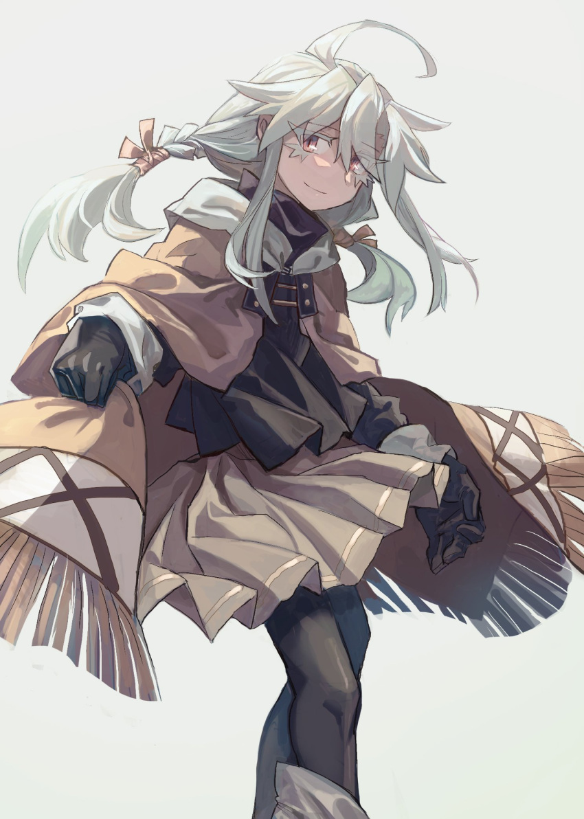 1girl ahoge ari_(shichigatsu) black_gloves black_legwear braid brown_cape brown_skirt cape closed_mouth eyes_visible_through_headwear feet_out_of_frame floating_hair gloves grey_background highres long_hair looking_at_viewer original pantyhose pleated_skirt red_eyes shichigatsu simple_background skirt smile solo standing twin_braids