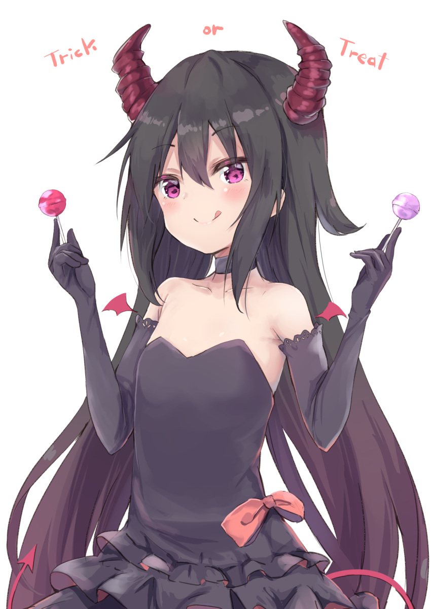 1girl :q amano_kouki bangs black_choker black_dress black_gloves black_hair blush bow brown_hair candy choker closed_mouth commentary_request dress elbow_gloves eyebrows_visible_through_hair food gloves gradient_hair hair_between_eyes hands_up highres holding holding_candy holding_food holding_lollipop horns lollipop long_hair looking_at_viewer multicolored_hair note-chan original red_bow simple_background smile solo strapless strapless_dress tongue tongue_out trick_or_treat very_long_hair violet_eyes white_background