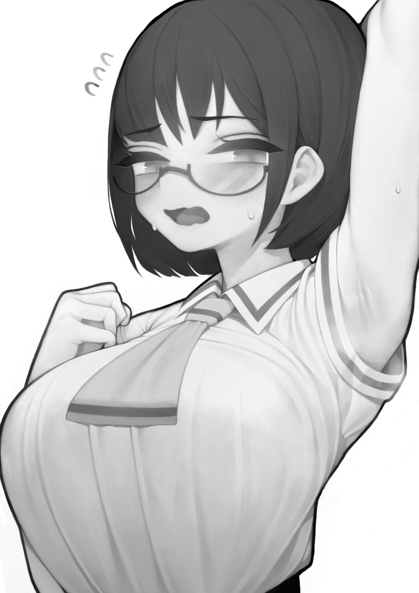 1girl absurdres arm_behind_head arm_up armpits blush breasts eyebrows_visible_through_hair flying_sweatdrops glasses greyscale half-closed_eyes highres monochrome open_mouth original rabbit_(wlsdnjs950) short_hair simple_background solo steam steaming_body sweat sweatdrop tongue white_background