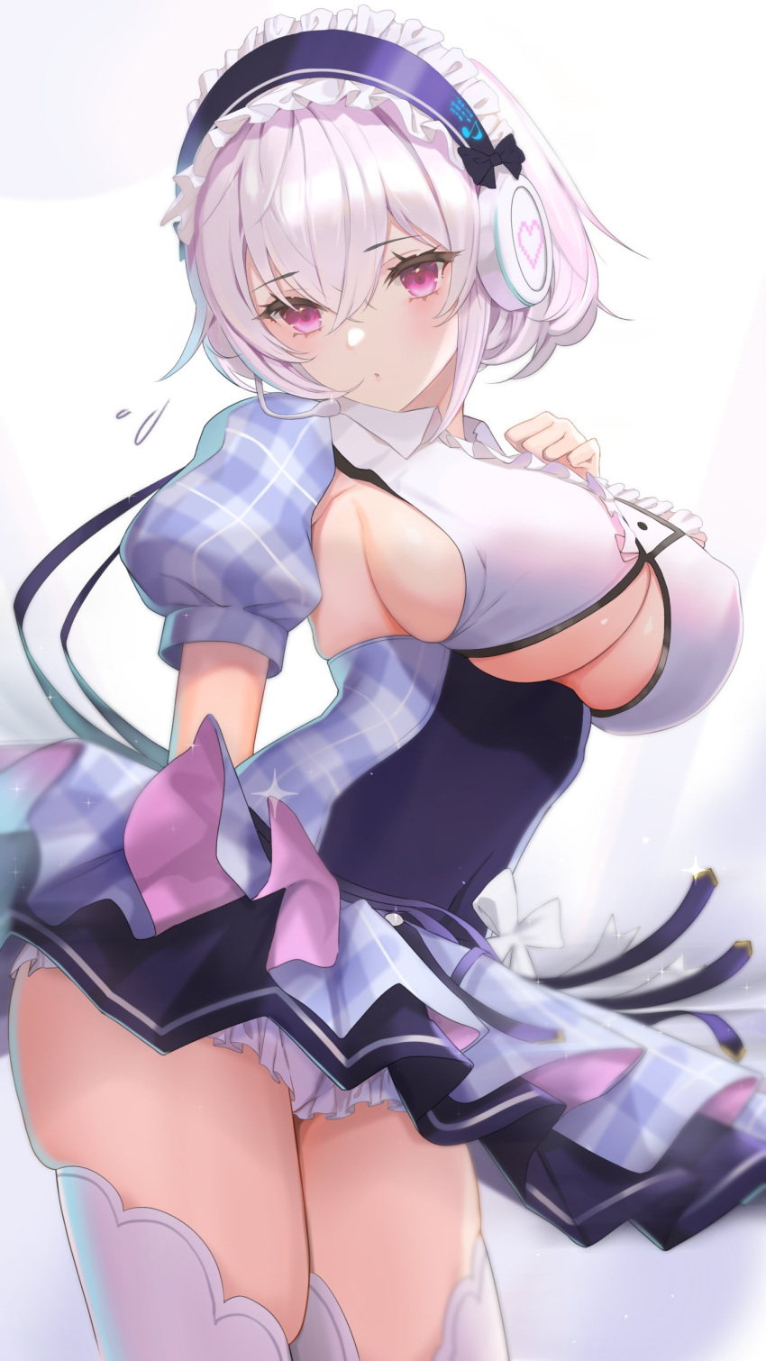 1girl absurdres alternate_eye_color arm_behind_back azur_lane bangs blurry breasts clothing_cutout collared_dress cosplay cowboy_shot crossed_bangs dido_(azur_lane) dido_(azur_lane)_(cosplay) dido_(muse)_(azur_lane) dress eyebrows_visible_through_hair flying_sweatdrops hair_between_eyes hand_on_own_chest hand_up headphones heart heart_print highres large_breasts nanam_(nanam_sk) parted_lips pink_eyes plaid plaid_dress puffy_short_sleeves puffy_sleeves purple_dress ribbon short_hair short_sleeves sirius_(azur_lane) skindentation solo thigh-highs thighs under_boob underboob_cutout white_hair white_legwear