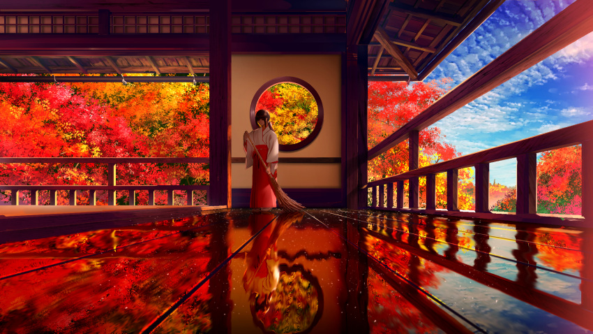 1girl aether_(genshin_impact) autumn autumn_leaves bamboo_broom bangs black_hair blue_sky broom circle clouds commentary_request day genshin_impact geta hakama highres holding interior japanese_clothes kimono leaf maple_leaf miko ponytail red_hakama reflection reflective_floor room scenery sidelocks sky smile_(qd4nsvik) solo traditional_clothes tree white_kimono wide_sleeves wooden_ceiling wooden_floor wooden_railing