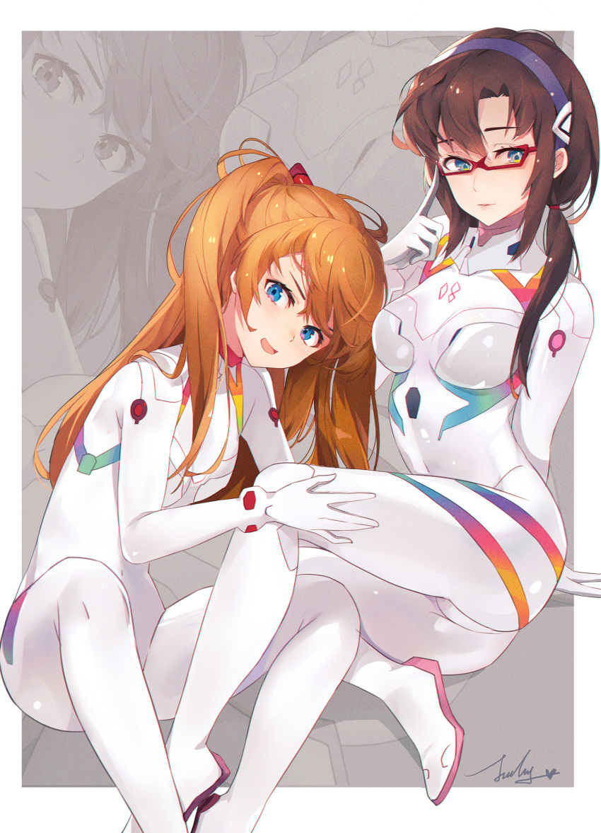 2girls :d absurdres adjusting_eyewear ass blue_eyes bodysuit breasts brown_hair covered_navel evangelion:_3.0+1.0_thrice_upon_a_time feet_out_of_frame full_body glasses hair_between_eyes hand_on_another's_leg hand_up highres jiujiuyatou_(yayanzz) leaning_forward legs long_hair looking_at_viewer makinami_mari_illustrious medium_breasts multiple_girls neon_genesis_evangelion open_mouth orange_hair plugsuit rebuild_of_evangelion shikinami_asuka_langley sitting skin_tight small_breasts smile souryuu_asuka_langley thighs twintails two_side_up white_bodysuit