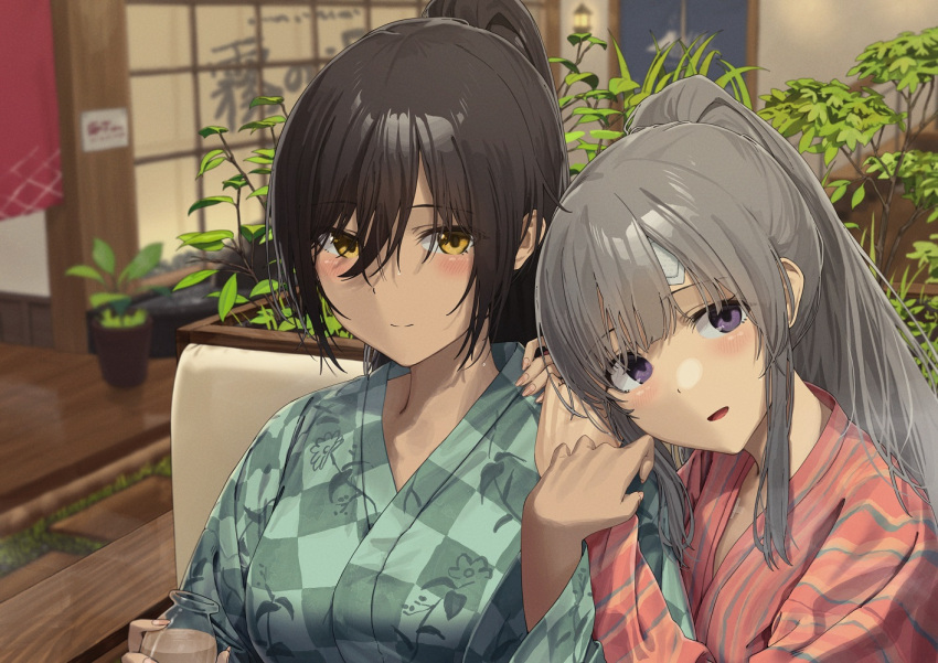 2girls bandaid bandaid_on_forehead bangs black_hair blush bottle breasts checkered checkered_kimono closed_mouth commentary_request eyebrows_visible_through_hair floral_print green_kimono hair_between_eyes hands_on_another's_shoulders hands_up head_rest holding holding_bottle idolmaster idolmaster_shiny_colors indoors japanese_clothes kimono long_hair long_sleeves looking_at_viewer multiple_girls noeru parted_lips plant ponytail potted_plant print_kimono red_kimono shirase_sakuya silver_hair smile striped striped_kimono upper_body violet_eyes wooden_floor yellow_eyes yuukoku_kiriko