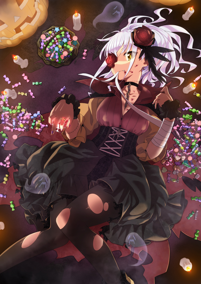 1girl arms_up bandaged_arm bandages black_legwear breasts candle candy cape chain choker closed_mouth dress eyebrows_visible_through_hair eyes_visible_through_hair fang fingernails flower food ghost halloween highres medium_breasts medium_hair mizunashi_(second_run) mouth_hold one_eye_covered original pantyhose pumpkin red_flower red_rose rose rose_hair_ornament scar solo white_hair yellow_eyes