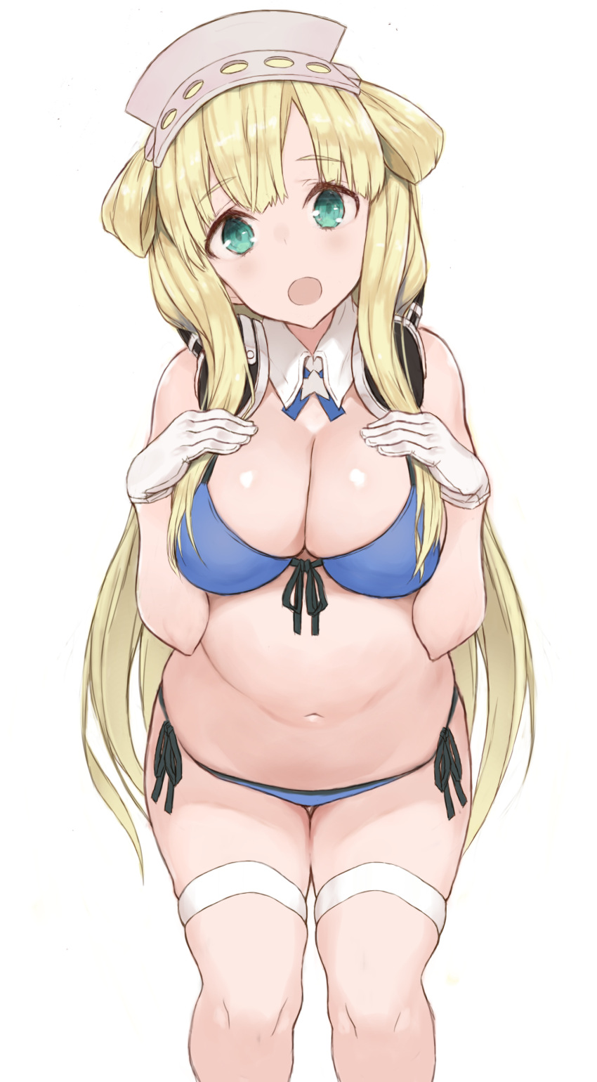 1girl absurdres bikini blonde_hair blue_bikini blue_eyes breasts detached_collar eyebrows_visible_through_hair feet_out_of_frame fletcher_(kantai_collection) front-tie_bikini front-tie_top gloves highres kantai_collection large_breasts long_hair navel open_mouth ryo_(tg290) side-tie_bikini side_bun sidelocks simple_background solo swimsuit white_background white_gloves