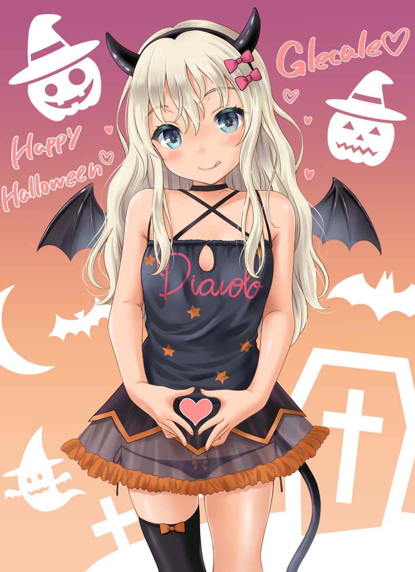 1girl :q absurdres black_dress black_legwear blue_eyes blush bow bow_panties choker clothes_writing commentary_request costume cowboy_shot criss-cross_halter demon_horns demon_tail demon_wings dress eyebrows_visible_through_hair fake_horns ghost grecale_(kantai_collection) hair_bow hair_ribbon halloween halterneck happy_halloween hat heart heart_hands heart_print highres horns italian_text jack-o'-lantern kantai_collection licking_lips long_hair looking_at_viewer neko_danshaku panties ribbon see-through single_thighhigh sleeveless sleeveless_dress smile solo star_(symbol) star_print string_panties tail thigh-highs tongue tongue_out underwear wings witch_hat