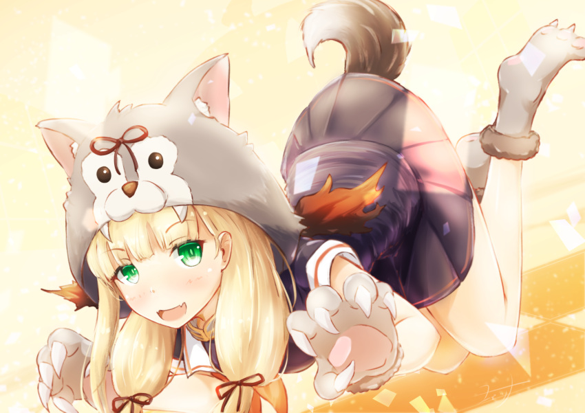 1girl all_fours black_ribbon black_serafuku black_skirt blonde_hair claws commentary_request gloves green_eyes hair_ribbon highres kantai_collection long_hair looking_at_viewer paw_boots paw_gloves paws pleated_skirt ribbon school_uniform serafuku skirt solo tail tress_ribbon wolf_hood wolf_tail yellow_background yomitsuna yuudachi_(kantai_collection)