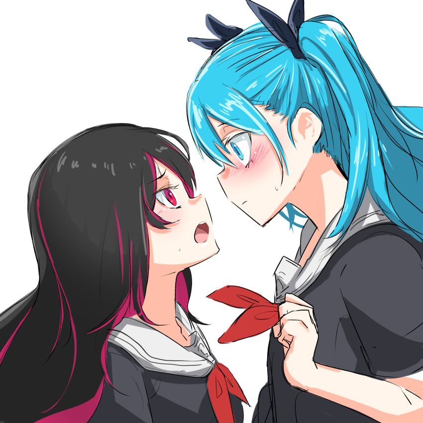 2girls absurdres annie_bass aqua_eyes aqua_hair black_blouse black_hair black_ribbon blouse blush breasts clenched_hand colored_inner_hair eyebrows_visible_through_hair genderswap genderswap_(mtf) hair_between_eyes hair_ornament hair_ribbon height_difference highres koutyamochi long_hair looking_at_another multicolored_hair multiple_girls neckerchief pink_hair red_eyes red_neckwear ren_(witch's_weapon) ribbon school_uniform shadow simple_background small_breasts twintails upper_body very_long_hair white_background witch's_weapon yuri