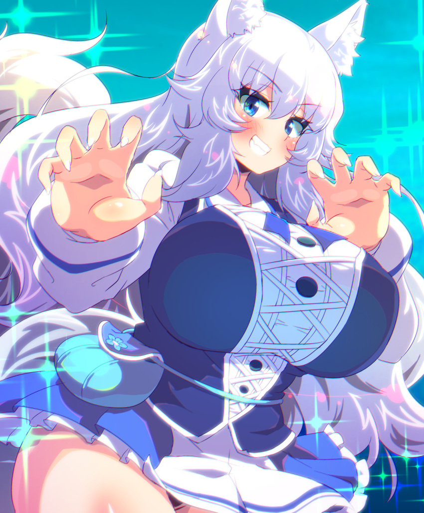 1girl animal_ear_fluff animal_ears blue_eyes borrowed_character breasts claw_pose fingernails finland highres indie_virtual_youtuber large_breasts long_hair looking_at_viewer lumi_(merryweather) sharp_fingernails smile solo sw_(taco) tail virtual_youtuber white_hair wolf_ears wolf_girl wolf_tail