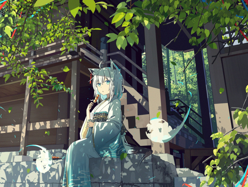 1girl ahoge animal_ears bangs braid building commentary_request cup dango eyebrows_visible_through_hair food fox_ears fox_girl fox_tail ghost green_eyes hair_between_eyes highres holding holding_cup holding_food hololive japanese_clothes kimono koyuki_ekaki long_hair long_sleeves looking_at_viewer obi pentagram sash shirakami_fubuki sidelocks single_braid sitting solo tail virtual_youtuber wagashi white_hair white_kimono wide_sleeves yunomi