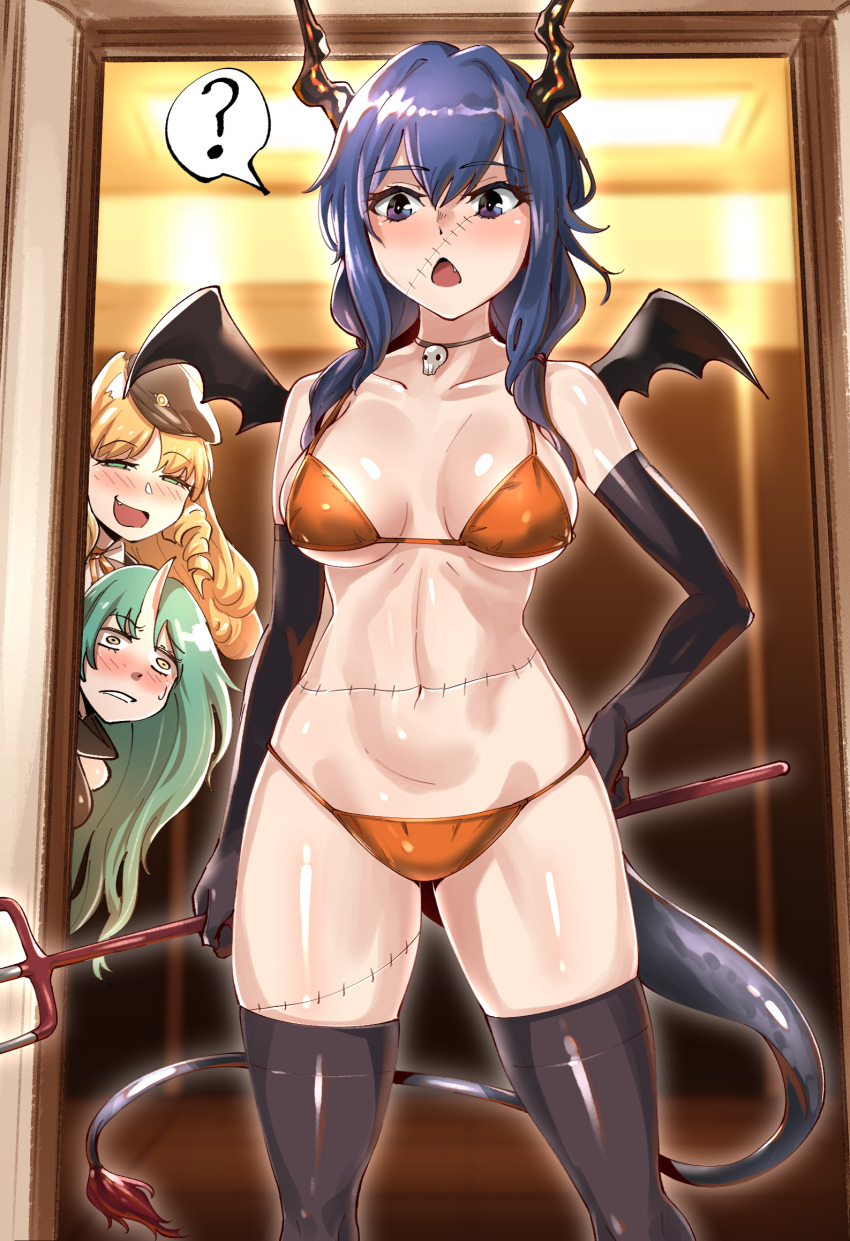 2girls ? animal_ears arknights bangs bare_shoulders bikini black_gloves black_headwear blonde_hair blue_eyes blue_hair blush breasts ch'en_(arknights) choker collarbone commentary_request cowboy_shot dragon_horns dragon_tail elbow_gloves eyebrows_visible_through_hair fake_wings gloves green_eyes green_hair hair_between_eyes highres holding holding_weapon horns hoshiguma_(arknights) indoors large_breasts long_hair moto_toshi multiple_girls navel orange_bikini polearm single_horn spoken_question_mark standing stitches stomach swimsuit swire_(arknights) tail thigh-highs thighs tiger_ears trident weapon wings