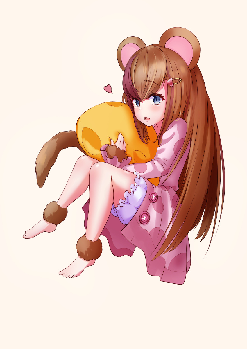 1girl absurdres animal_ears bell_orgel blue_eyes blush brown_hair dormouse_(monster_girl_encyclopedia) full_body fur hair_ornament hairclip highres long_sleeves looking_at_viewer monster_girl monster_girl_encyclopedia mouse_ears mouse_girl mouse_tail open_mouth pajamas pillow pillow_hug simple_background solo tail