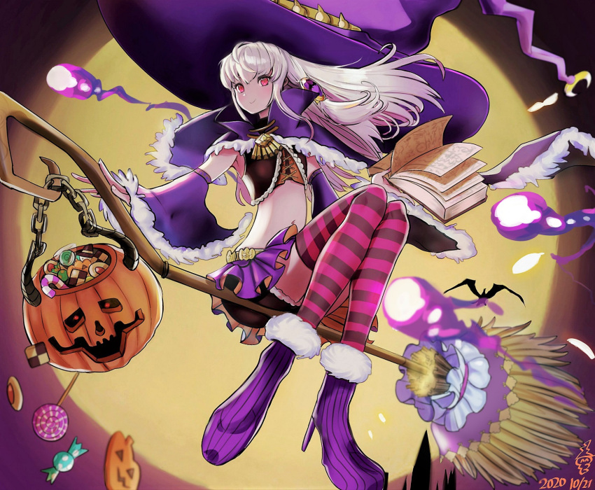 1girl bare_shoulders book broom broom_riding candy capelet closed_mouth cute detached_sleeves fire_emblem fire_emblem:_three_houses fire_emblem:_three_houses fire_emblem_16 food full_body full_moon halloween halloween_basket halloween_costume hat high_heels highres holding holding_book intelligent_systems large_hat loli long_hair lysithea_von_ordelia magic moon navel night nintendo pink_eyes pink_legwear pleated_skirt purple_footwear purple_headwear purple_skirt skirt smile striped striped_legwear super_smash_bros. thigh-highs usausanopopo5 white_hair witch witch_costume witch_hat