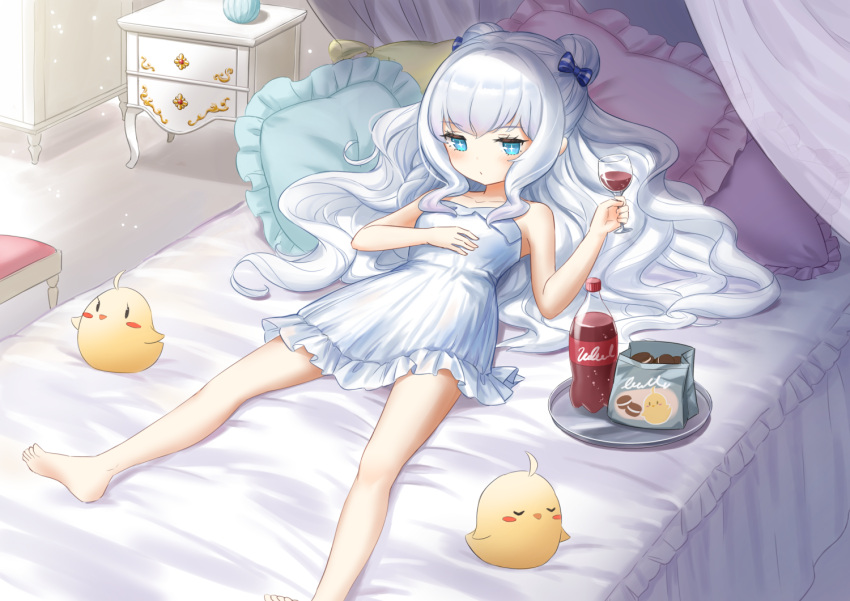 +_+ 1girl azur_lane bangs bare_arms bare_legs bare_shoulders barefoot bed bed_sheet blue_bow blue_eyes bow canopy_bed cola collarbone commentary_request cup double_bun dress drinking_glass flat_chest hair_bow hyokko_(hiyotuko) indoors jitome le_malin_(azur_lane) le_malin_(the_knight's_true_nature)_(azur_lane) long_hair lying manjuu_(azur_lane) on_back on_bed oreo pillow sidelocks silver_hair sleeveless sleeveless_dress solo sundress tray very_long_hair wavy_hair white_dress wine_glass
