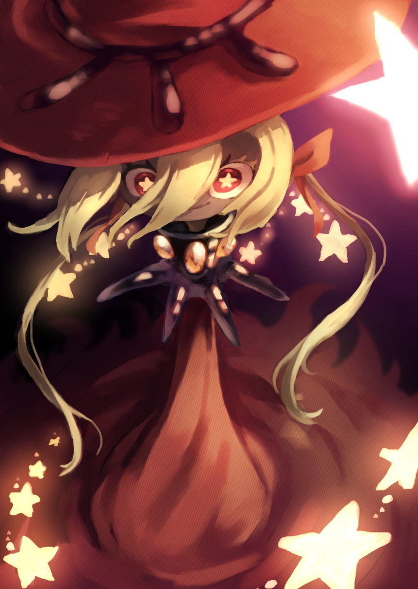 1girl blonde_hair closed_mouth collar dark_skin dress floating_hair hat highres lilium_(okame_nin) looking_at_viewer okame_nin original red_dress red_eyes red_headwear smile solo spiked_collar spikes star-shaped_pupils star_(symbol) symbol-shaped_pupils