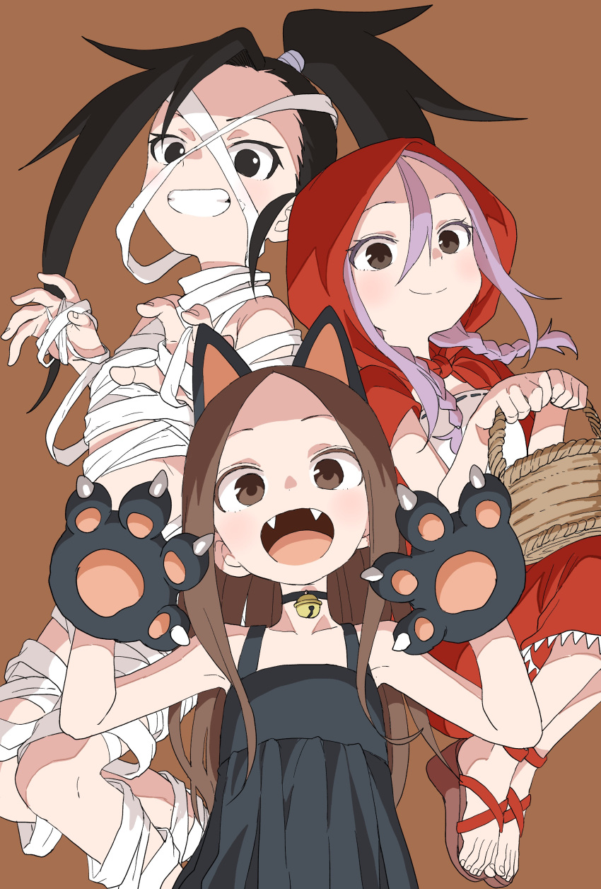 3girls :d absurdres animal_ears bangs basket bell bell_choker black_choker black_dress black_eyes black_gloves black_hair braid brown_background brown_eyes brown_footwear brown_hair capelet cat_ears choker claw_pose closed_mouth commentary_request cosplay creator_connection crossover dress fangs gloves grin hair_between_eyes hair_over_shoulder halloween high_ponytail highres holding holding_basket hood hood_up hooded_capelet jingle_bell karakai_jouzu_no_takagi-san kunoichi_tsubaki_no_mune_no_uchi little_red_riding_hood little_red_riding_hood_(grimm) little_red_riding_hood_(grimm)_(cosplay) long_hair multiple_crossover multiple_girls mummy_costume official_art open_mouth parted_bangs paw_gloves paws purple_hair red_capelet red_skirt sandals shirt shougi_no_yatsu simple_background skirt sleeveless sleeveless_dress smile takagi-san tsubaki_(kunoichi_tsubaki_no_mune_no_uchi) twin_braids very_long_hair white_shirt yamamoto_souichirou yaotome_urushi