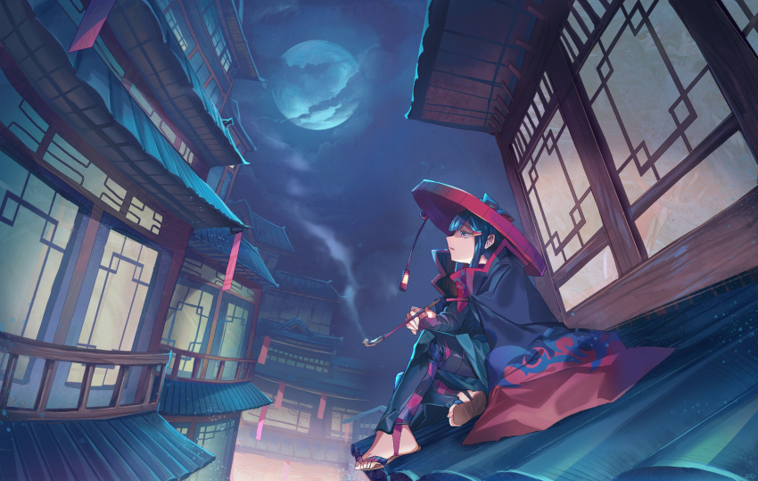 1girl architecture blue_cape blue_hair cape clouds cloudy_sky east_asian_architecture from_side full_moon hair_ornament hairclip hat highres holding holding_pipe kiseru kohari_(shichigatsu) moon night night_sky pants parted_lips pipe red_eyes red_headwear rice_hat rooftop sandals shichigatsu sitting sky smoke solo