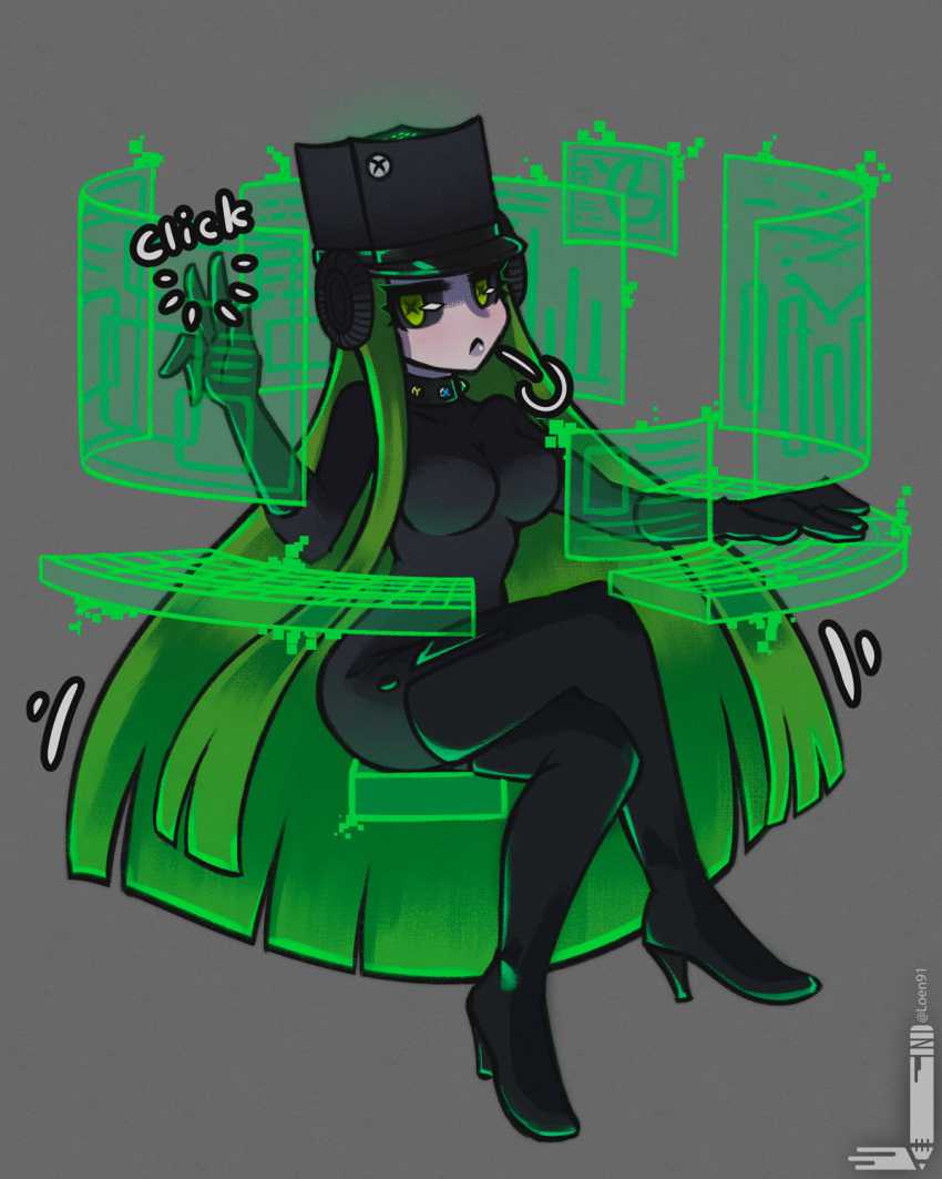 1girl black_bodysuit black_headwear black_sclera bodysuit breasts full_body green_eyes green_hair grey_background hat high_heels highres hologram lips loen-lapae long_hair looking_at_viewer onomatopoeia original simple_background sitting solo thigh-highs typing very_long_hair xbox_series_x xbox_series_x_(personification)