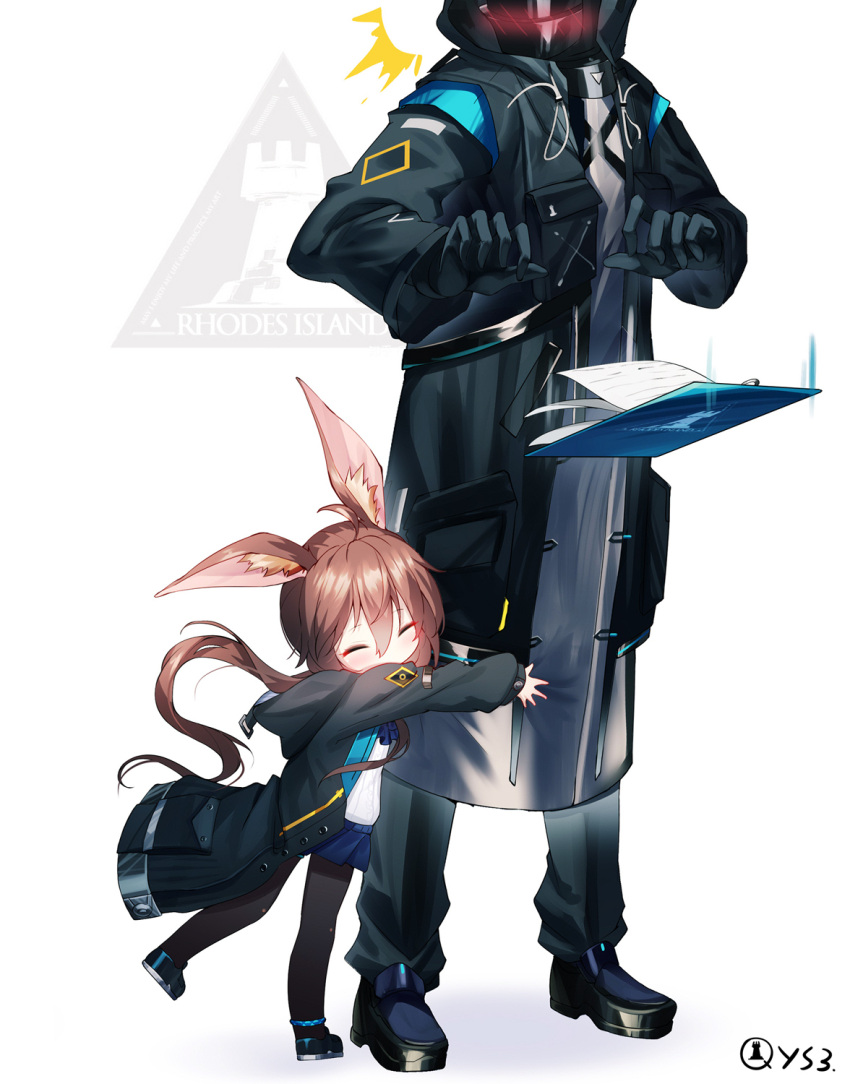 /\/\/\ 1girl 1other amiya_(arknights) animal_ear_fluff animal_ears arknights ascot bangs black_footwear black_gloves black_jacket black_legwear black_pants blue_neckwear blue_skirt blush brown_hair doctor_(arknights) eyebrows_visible_through_hair gloves hair_between_eyes highres hug jacket long_hair long_sleeves low_ponytail open_clothes open_jacket pants pantyhose pleated_skirt ponytail puffy_long_sleeves puffy_sleeves qys3 rabbit_ears shadow shirt shoes skirt sleeves_past_wrists standing standing_on_one_leg surprised twitter_username very_long_hair white_background white_shirt