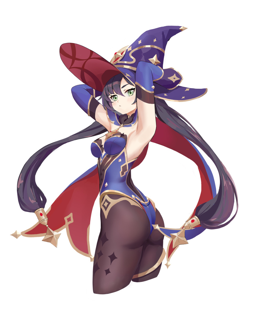 1girl absurdres aqua_eyes armpits arms_up ass black_legwear blush cropped_legs detached_sleeves genshin_impact hair_ornament hat highres leotard looking_at_viewer mona_(genshin_impact) pantyhose purple_hair sleeveless solo star_(symbol) star_hair_ornament twintails witch_hat